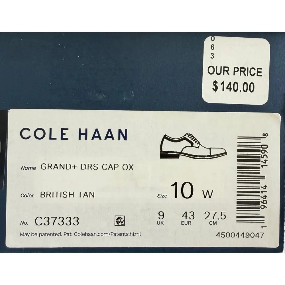 Cole Haan Mens Grand Dress Cap Toe Oxford British Tan - US 10 Wide Width NEW